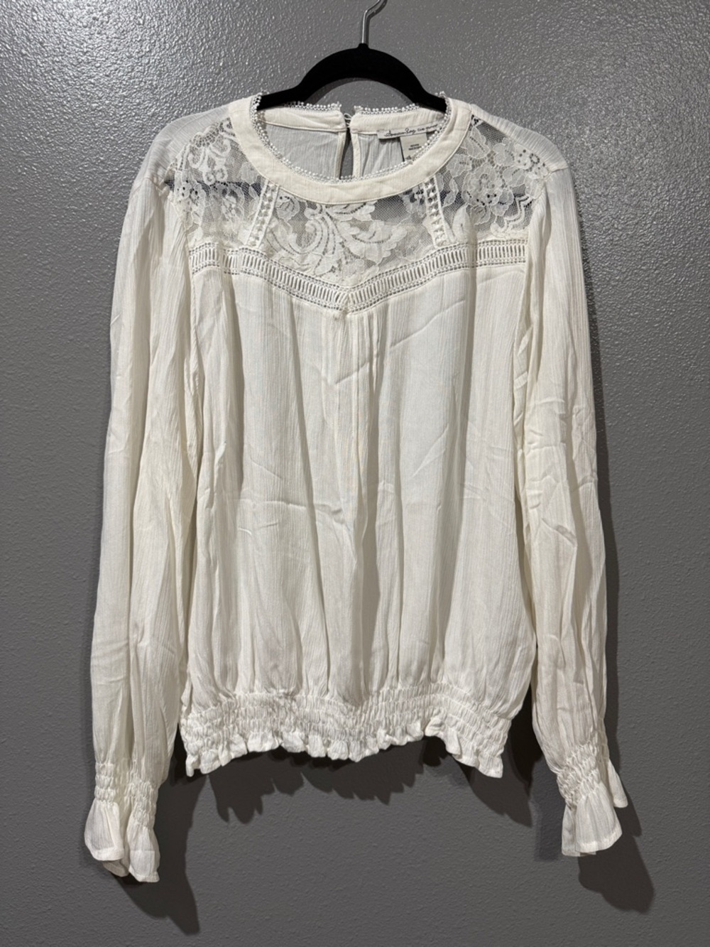 American Rag Cream Lace Yoke Long Sleeve Blouse